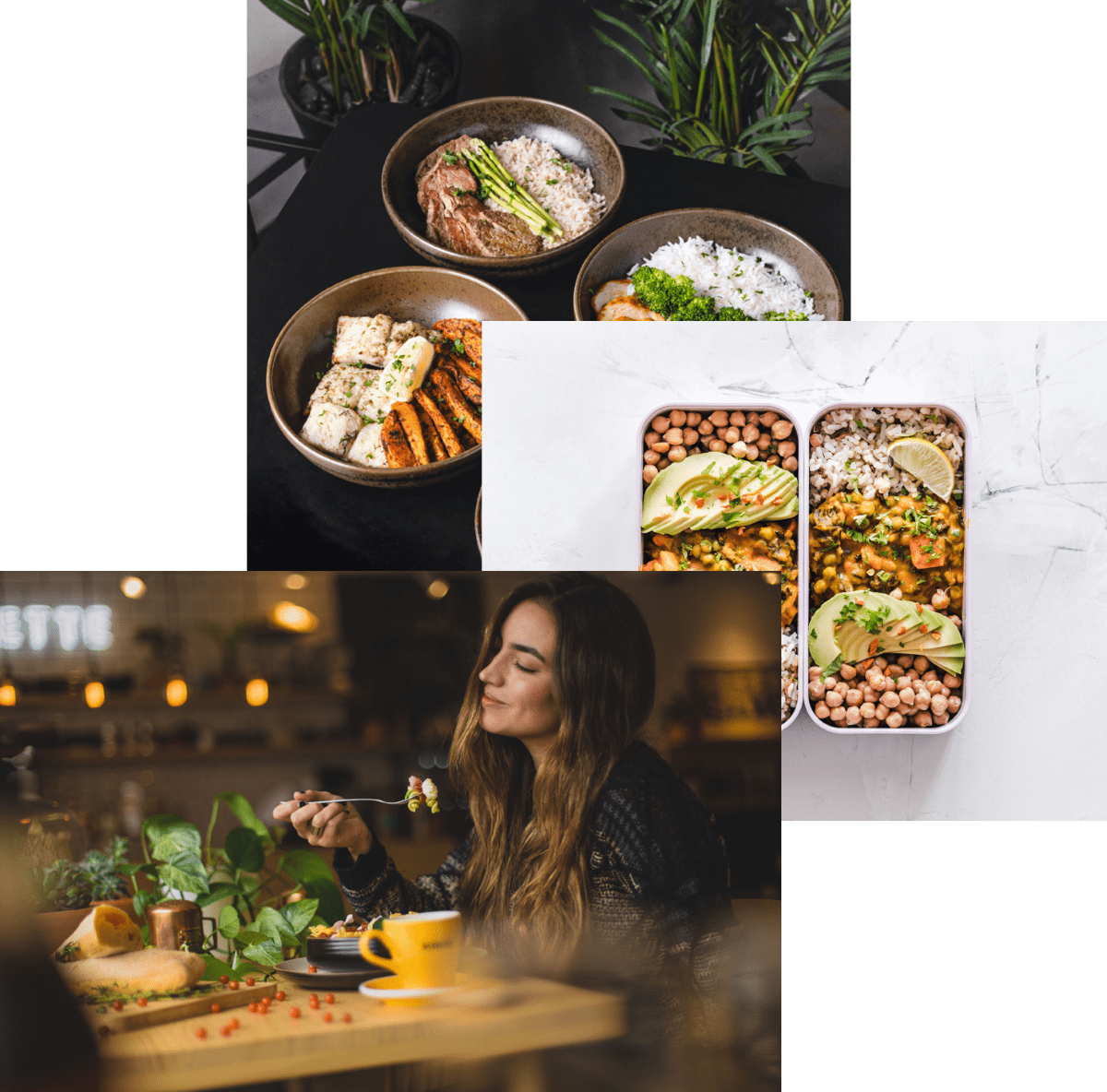 Woman enjoying food, meals in storage container, and food bowls in a container.